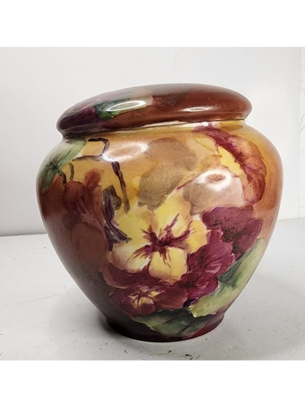 vGDA Limoges France Hand Painted Ginger Jar with Lid Flowers- Brown- 5" Signed